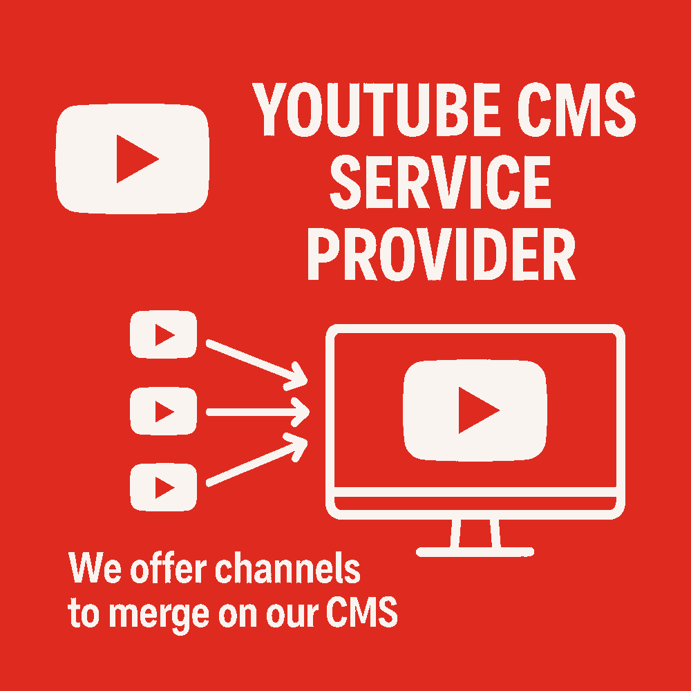 YouTube CMS service illustration showing multiple channels merging into one central content management system.