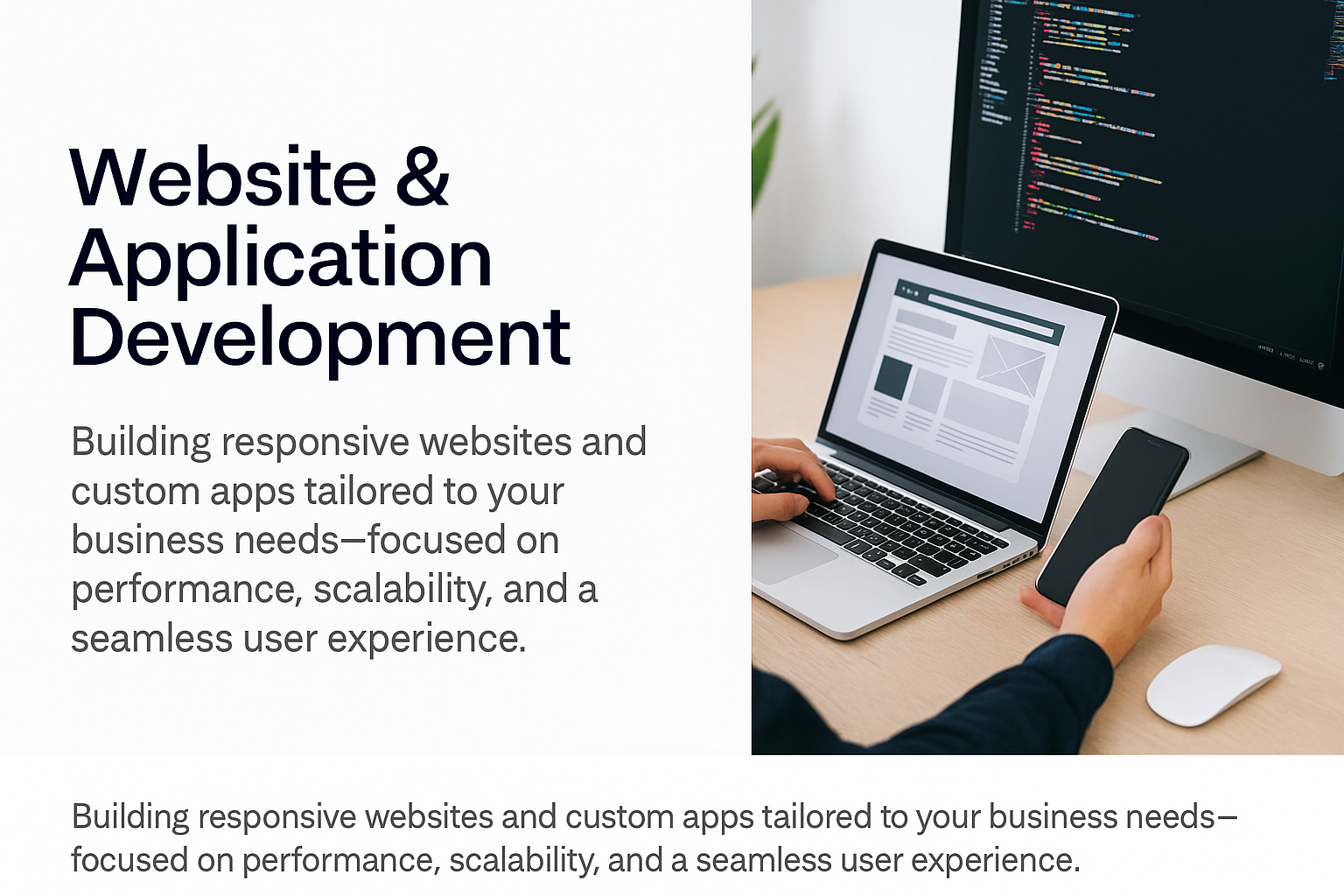 A developer working on a laptop and desktop with website wireframes and code on screen, representing web and app development.