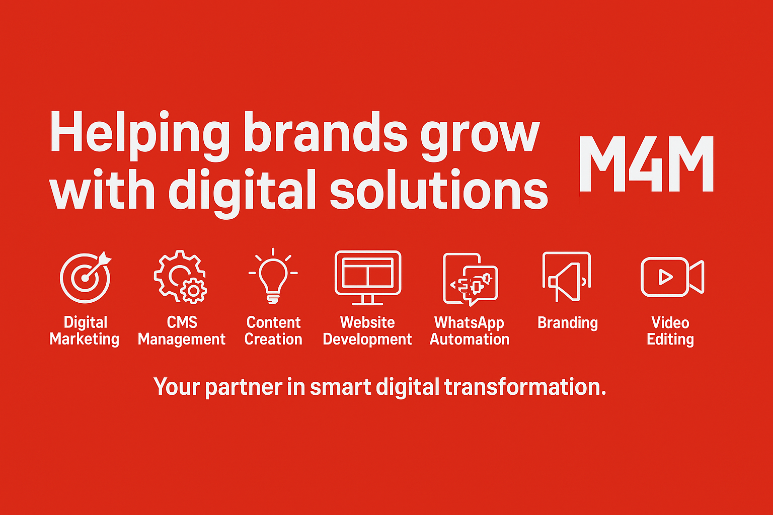 A digital marketing banner for M4M featuring icons for digital services like SEO, social media, CMS, and app development with a sleek, modern design
