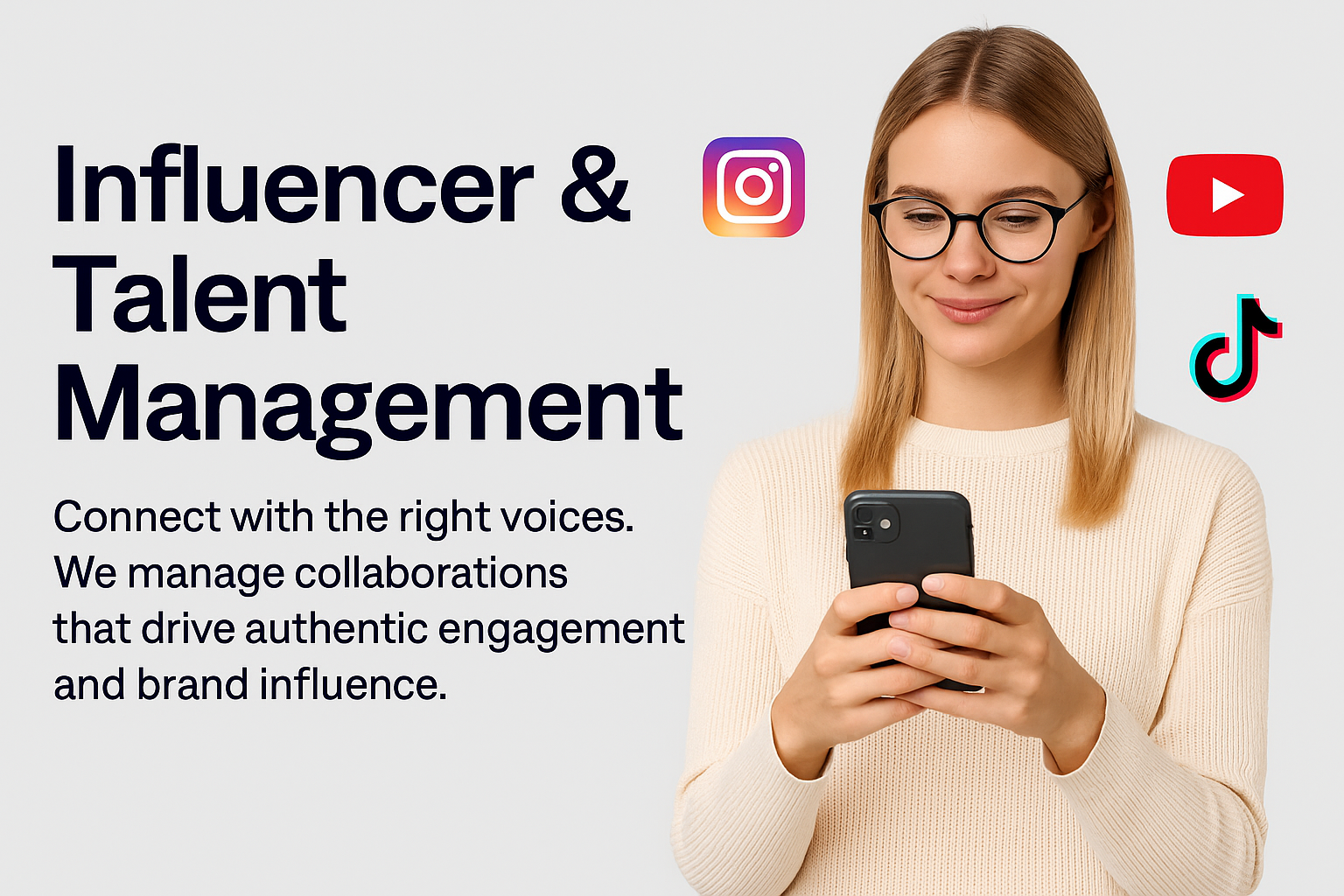 Influencer browsing her phone with social media icons representing Instagram, YouTube, and TikTok